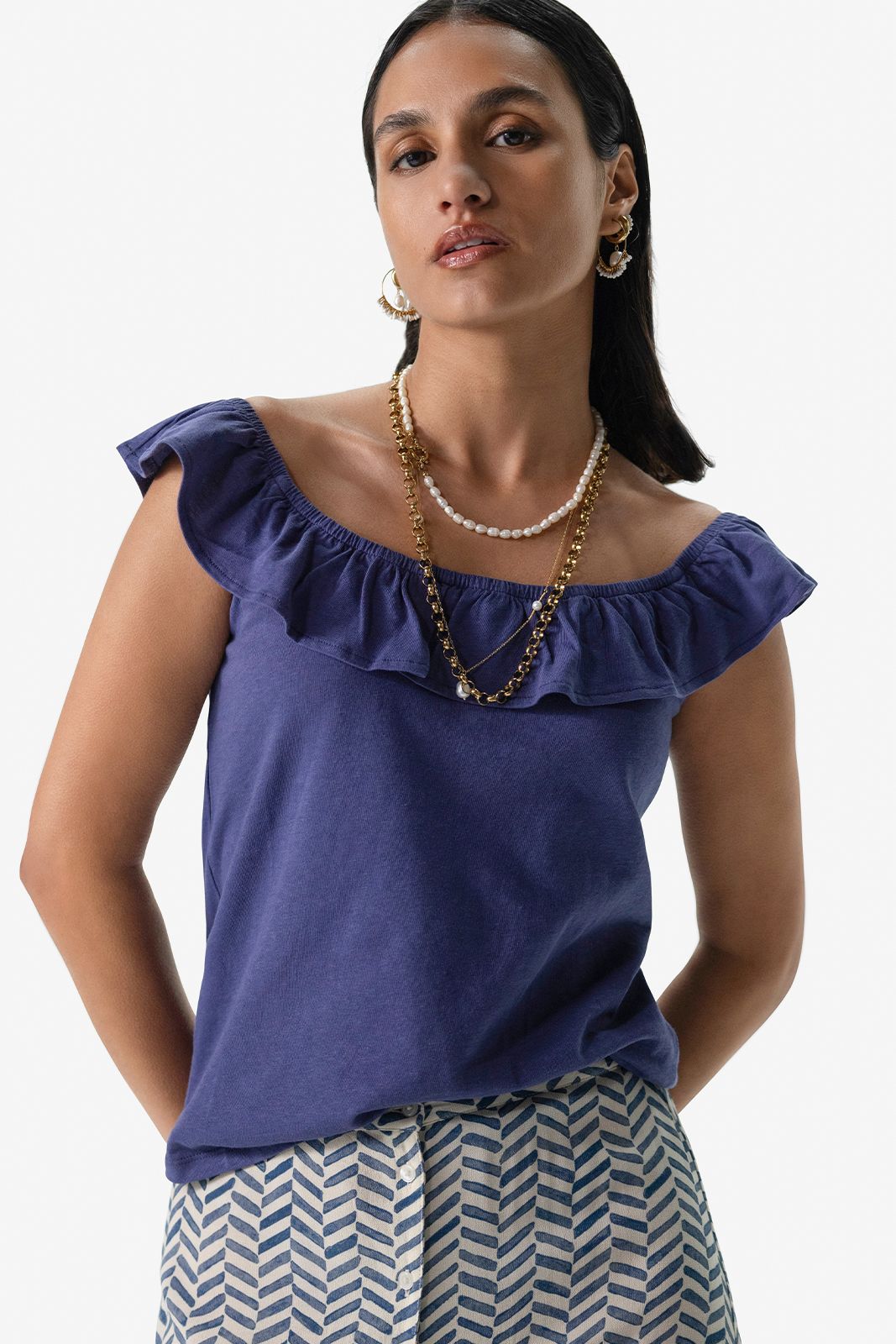 Donkerblauw singlet met ruffles