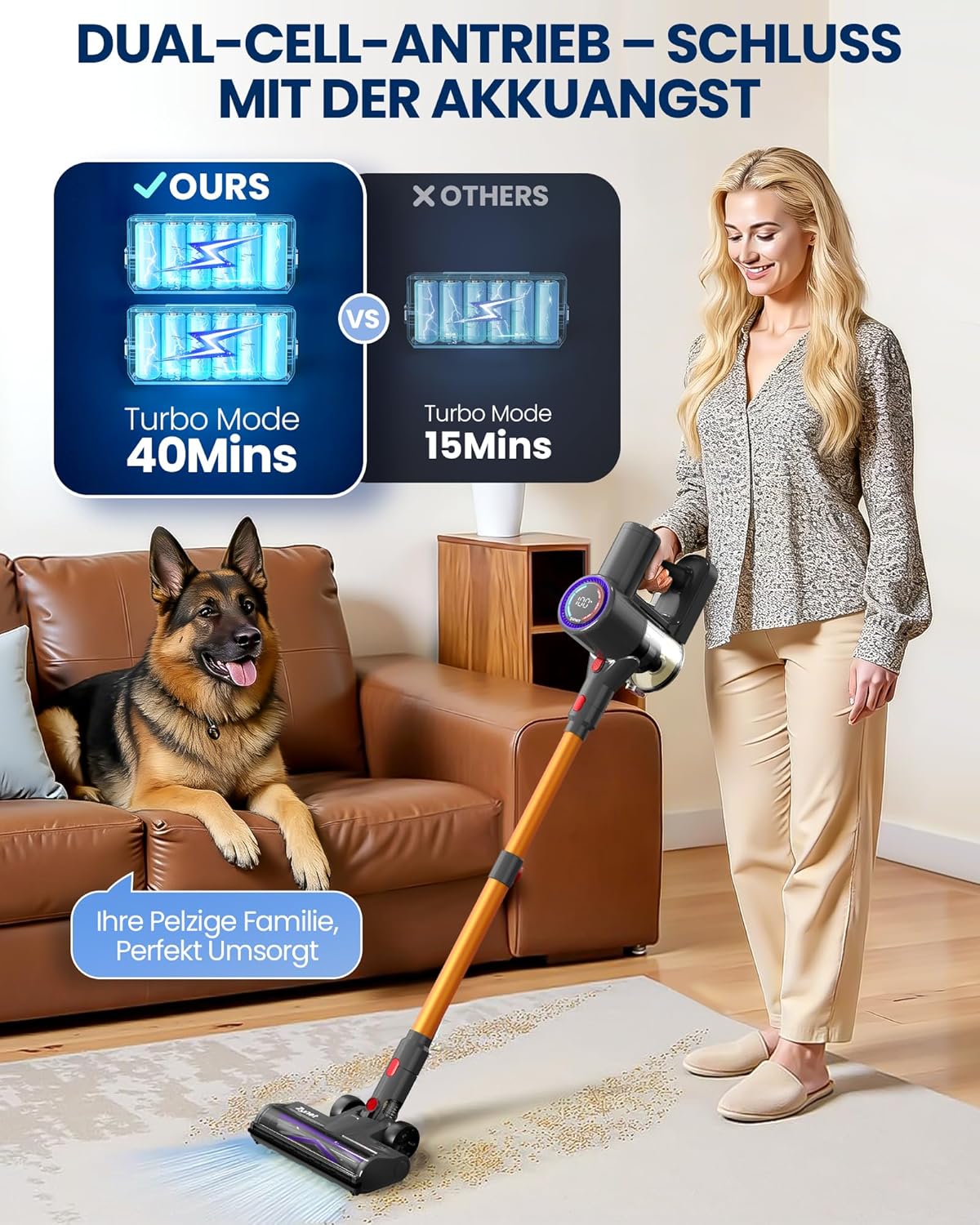 DP2 Akku Staubsauger Mit Dual-Akku, 45KPa/60Min/500W, LED-Display, Teleskopstange, Standfähig, GreenEye Licht, Staubsauger Kabellos Ideal Für Tierhaare/Teppiche/Hartböden