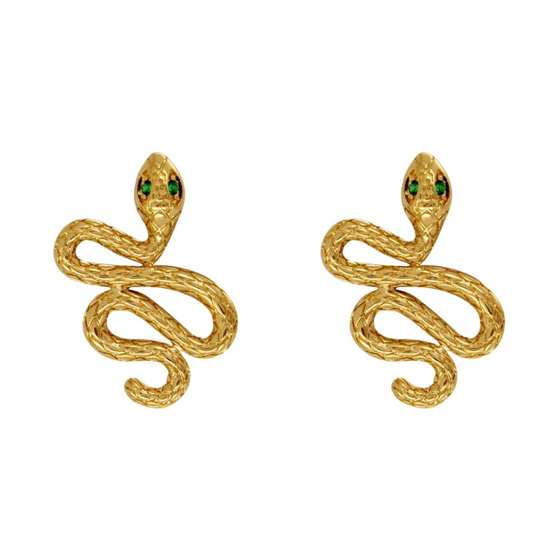 Boucles d'Oreilles Plaqué Or Serpent aux Yeux Verts