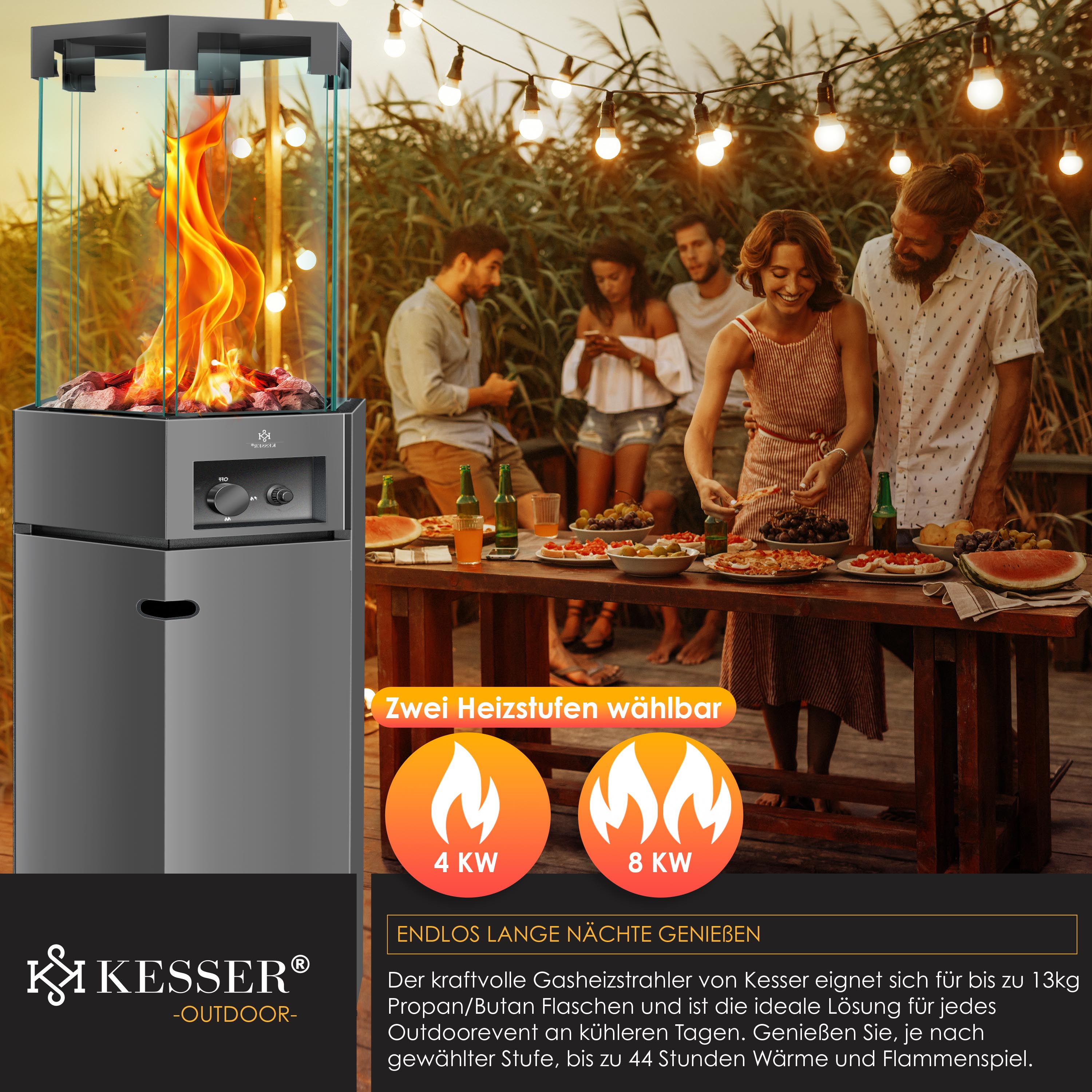 KESSER® Heizstrahler Gas Terrassenheizstrahler Gasheizungen Gasheizstrahler Gasheizer inkl. Schutzhülle Outdoor-Heizung Mobiler Heizpilz Flammenheizer, Pyramide Terrassenheizer , mit Bodenrollen