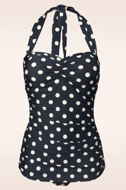 Esther Williams Klassiek badpak met polkadots in zwart en wit