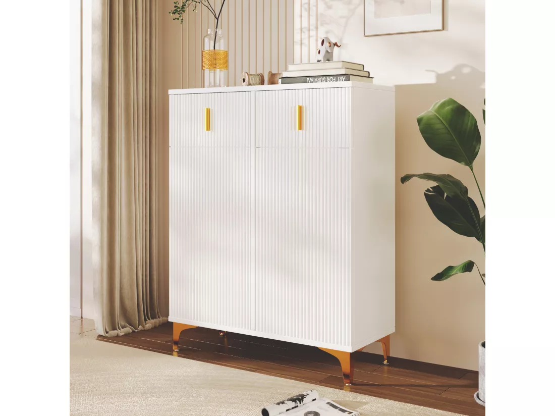 Meuble à chaussures avec 2 portes et 2 tiroirs, buffet - 82 x 35 x 101 cm - Panneaux de particules - Blanc