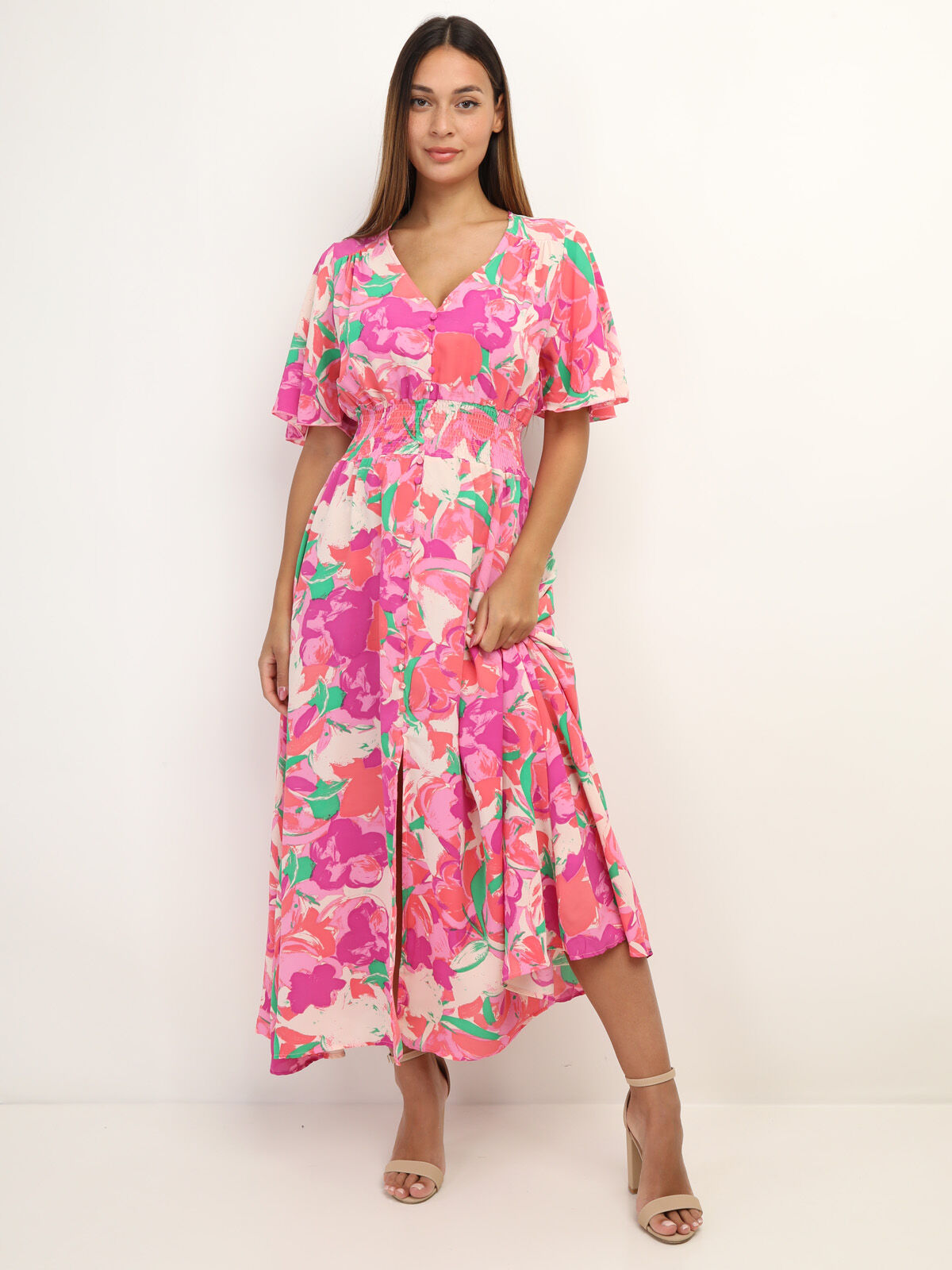 Robe à fleurs fendue à boutons- Rose
