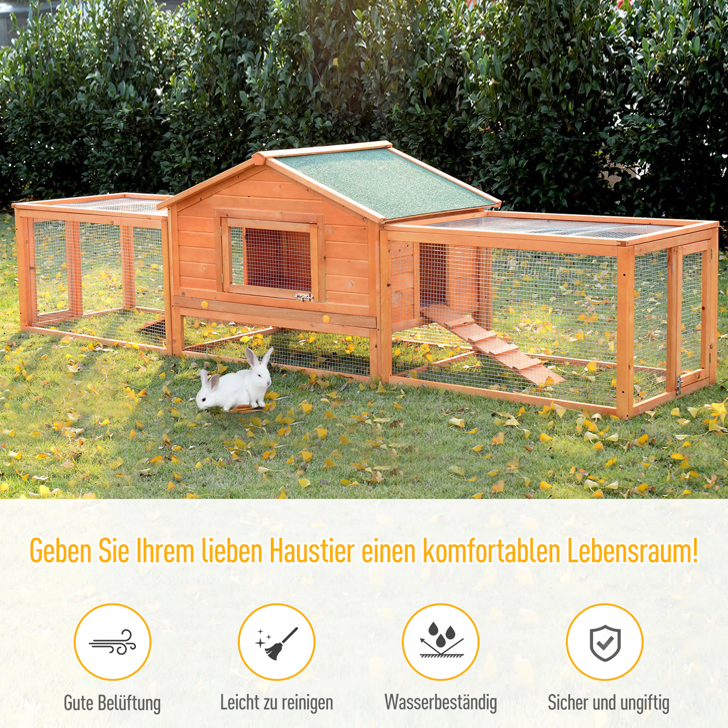 PawHut Kaninchenstall mit Seitengehege braun, grün 310 × 68 × 87 cm (LxBxH)