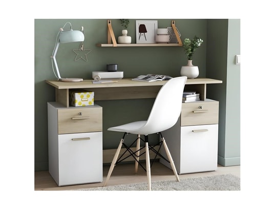 VENTE-UNIQUE - Bureau 2 caissons blanc/naturel platon - naturel clair