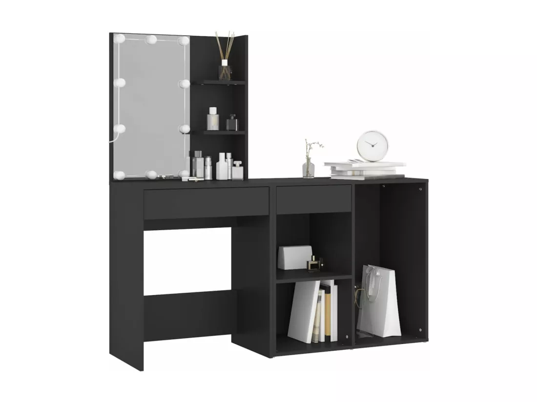 Coiffeuse à LED avec armoire noir bois d'ingénierie