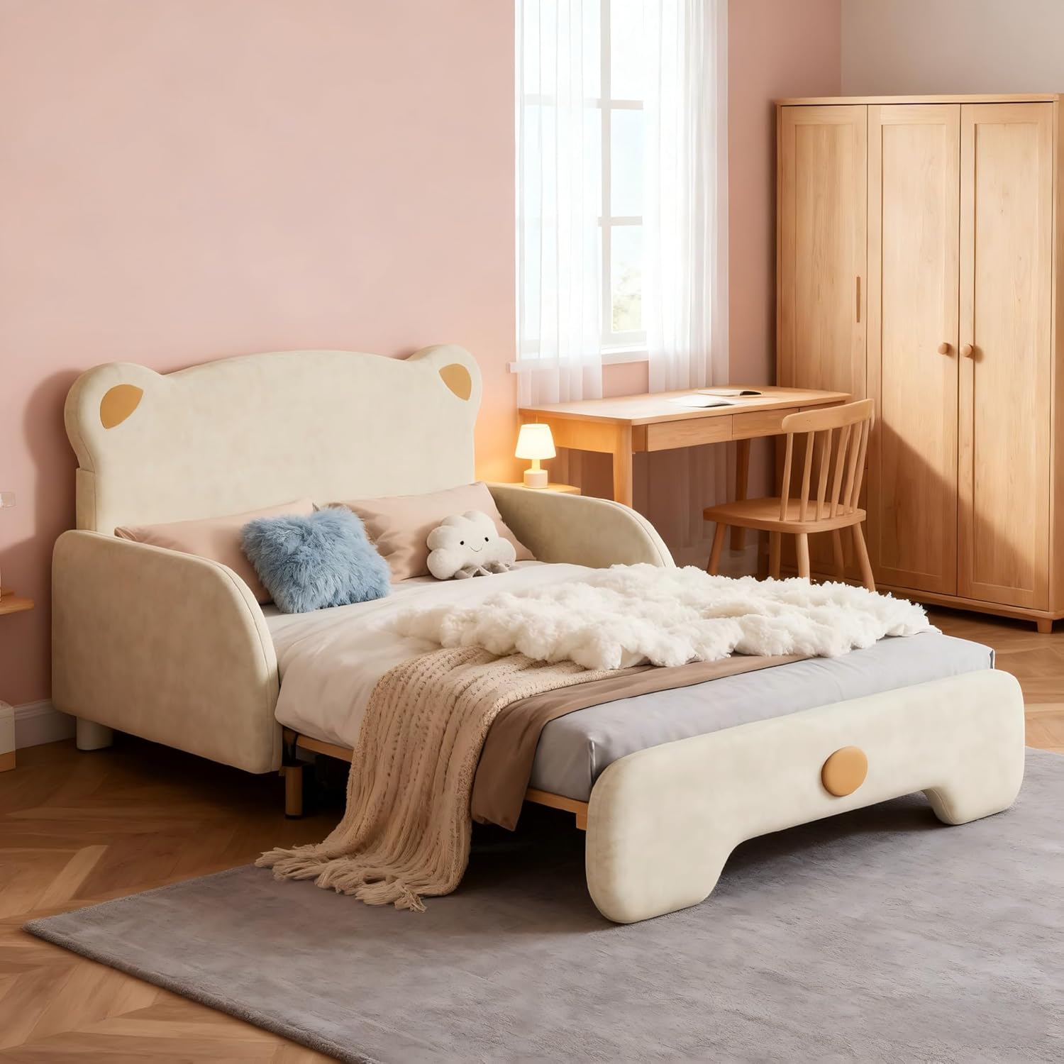 Soweiz Doppelbett in Bärenform, Polsterbett, Kinderbett, Tagesbett, Ausziehbett, mit weichen Schutzkanten, mit Holzlatten, Samt, Beige (140x110cm&140x200cm) (Beige (Ohne Matratze))