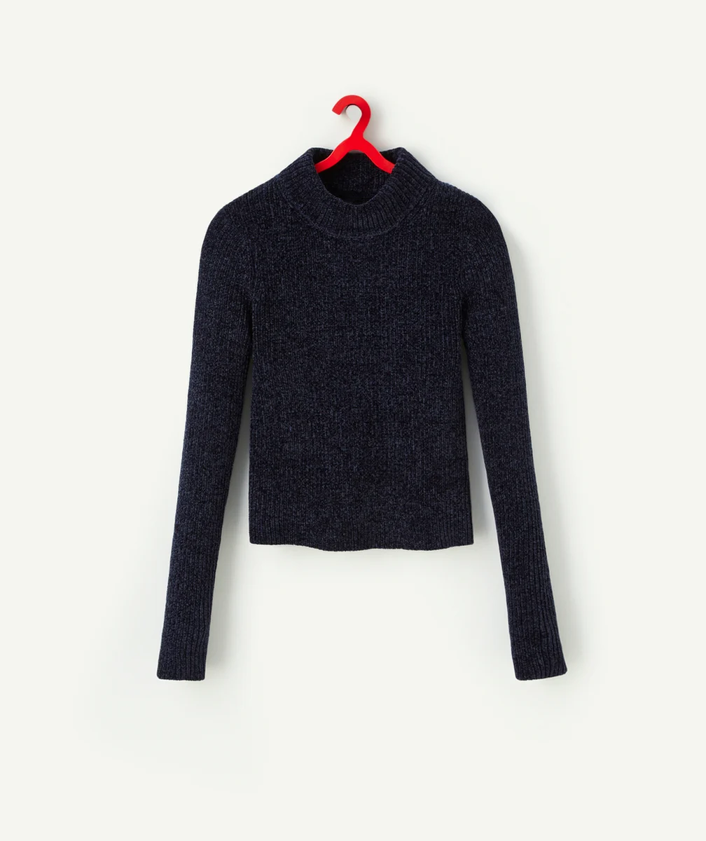 PULL MANCHES LONGUES FILLE EN MAILLE CHENILLE BLEU
