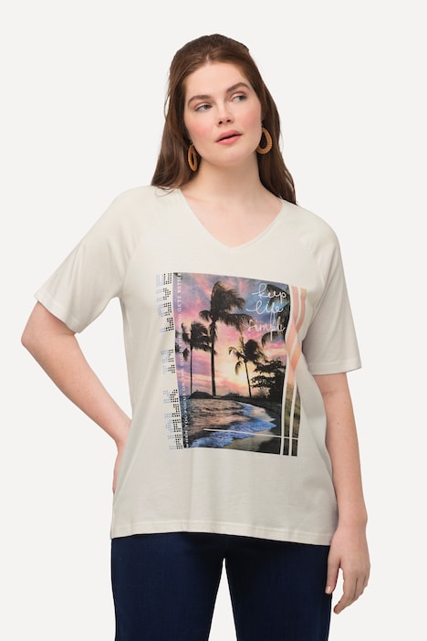 T-Shirt, Palmen-Fotomotiv, V-Ausschnitt, Halbarm