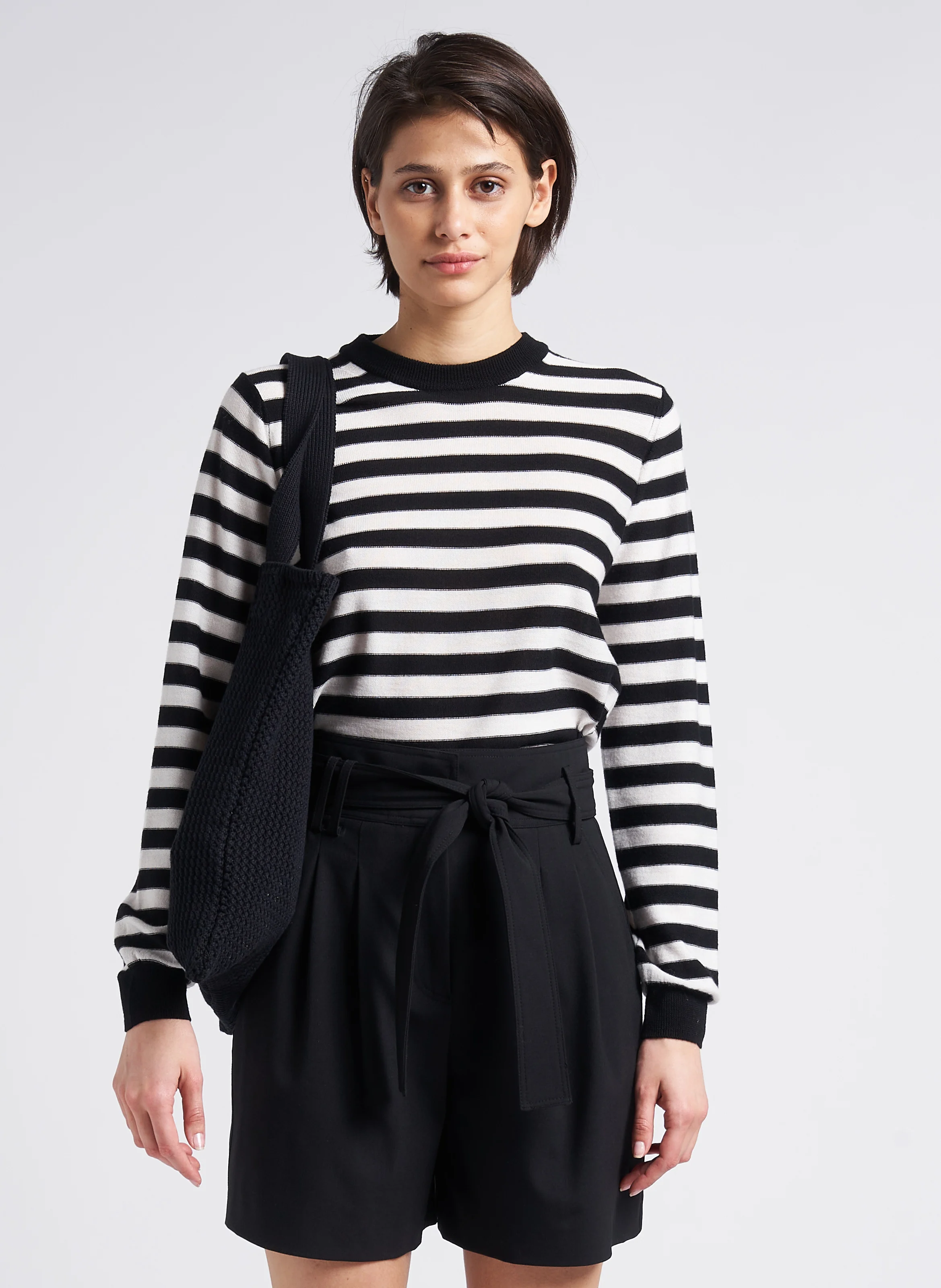 Pull fin col rond rayé en laine mérinos | Rayé
