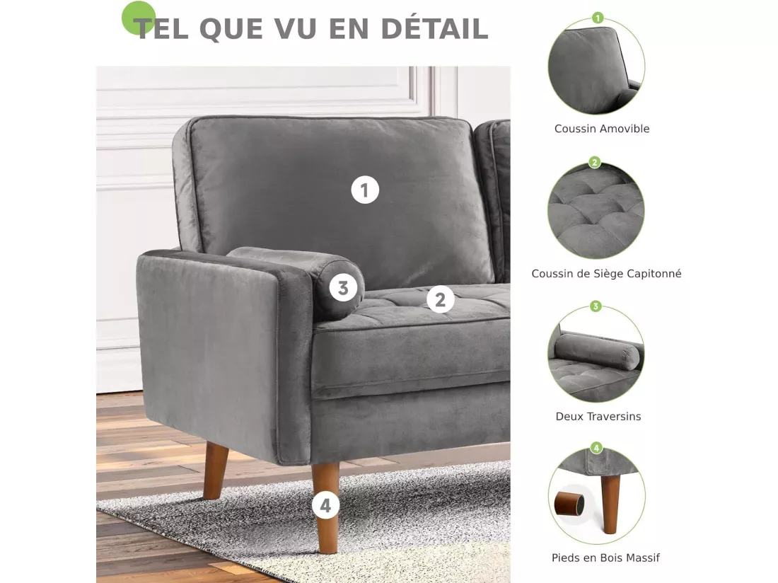 Canapé 2 Places en Velours Gris, Mini Canapé Chambre, avec Accoudoirs et pieds en bois effilés, un dossier bas - 148.5x78x85cm