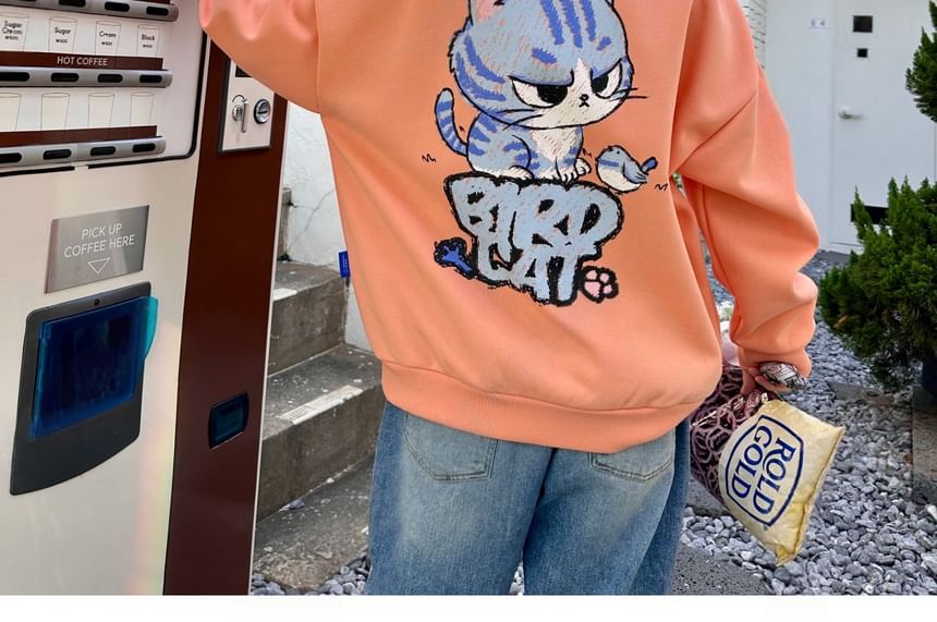 SeoulPop - Losse sweatshirt met vogel- en kattenprint
