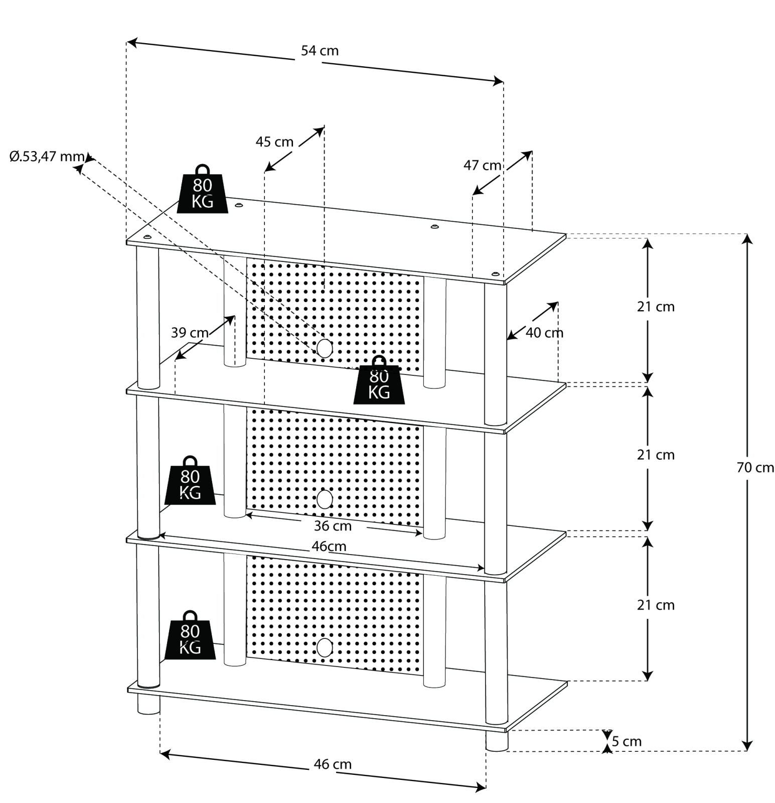 TV-Rack - silber-schwarz - 4 Glasböden - 54 cm breit