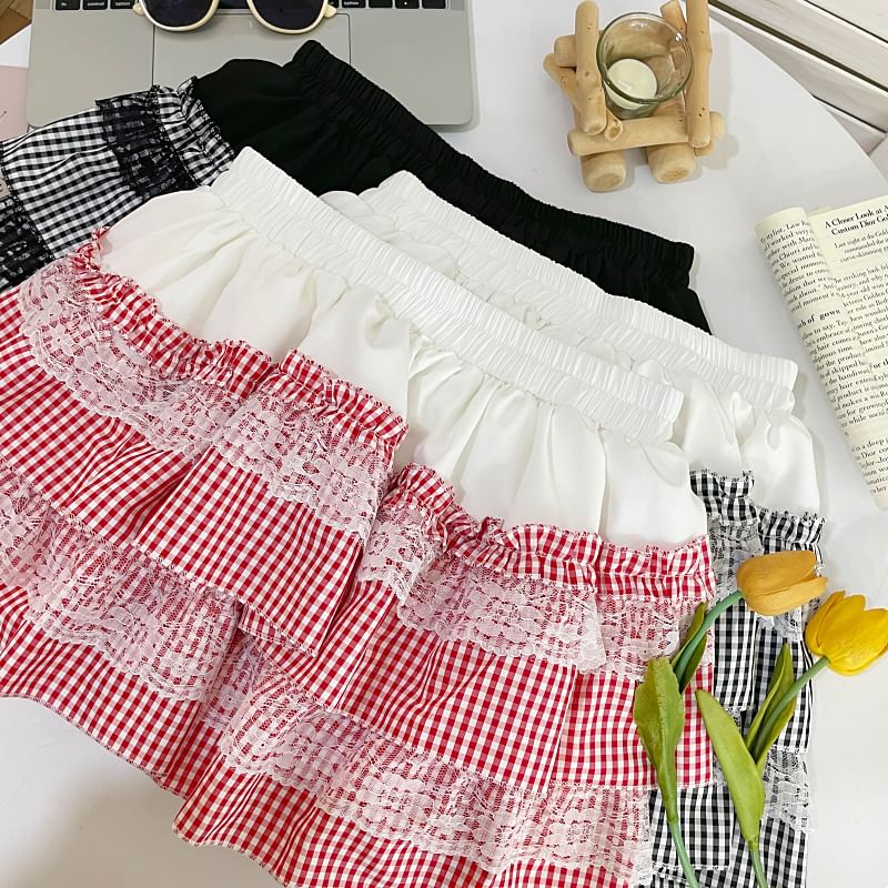 Iasia - Mini A-lijn rok met elastische taille en ruitjeskant