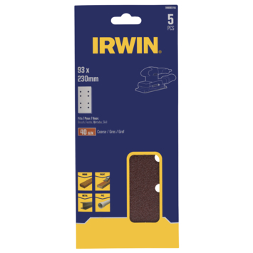 Irwin schuurvel 230 x 93 mm K40 voor klembevestiging, met perforatie voorBosch, Skil, Gamma, Makita, Metabo, 5 stuks.