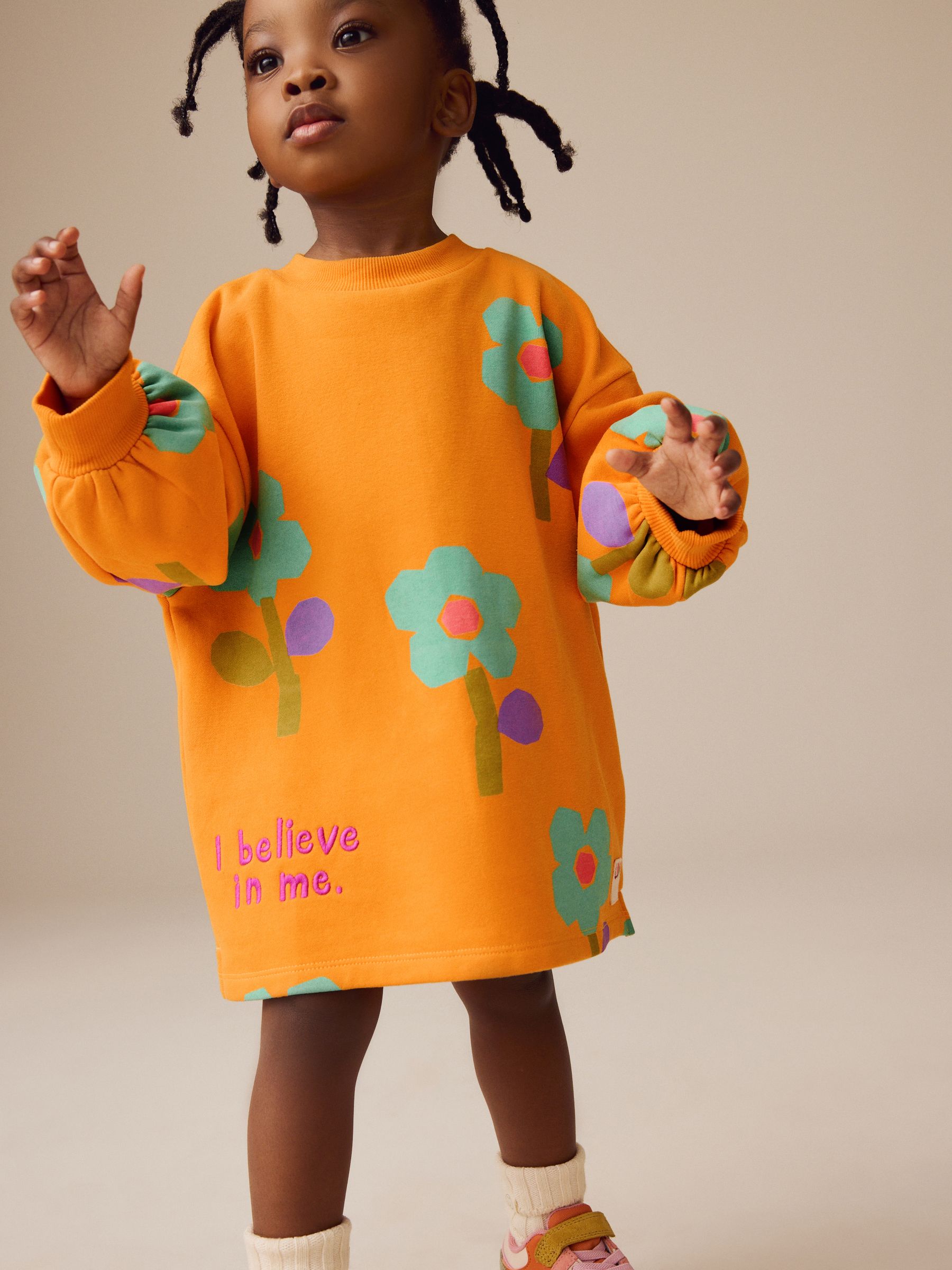Oranje met bloemen - Sweaterjurk met lange mouwen (3 mnd-7 jr)