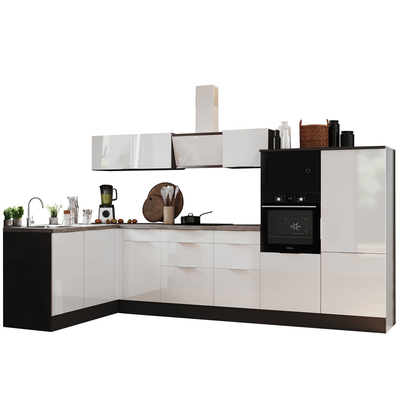 RESPEKTA Winkelküche - weiß Hochglanz - grau matt - mit E-Geräten - 340x175 cm