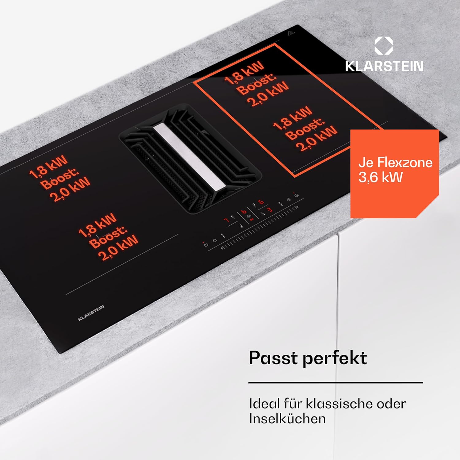 Klarstein 2-in-1 Kochfeld mit Dunstabzug Integriert 90cm, Induktionskochfeld mit Dunstabzug für Kochinsel, 4er Kochfeld mit Dunstabzug, 750 m³/h Luftstrom, Touch-Display, Energieeffizienz A