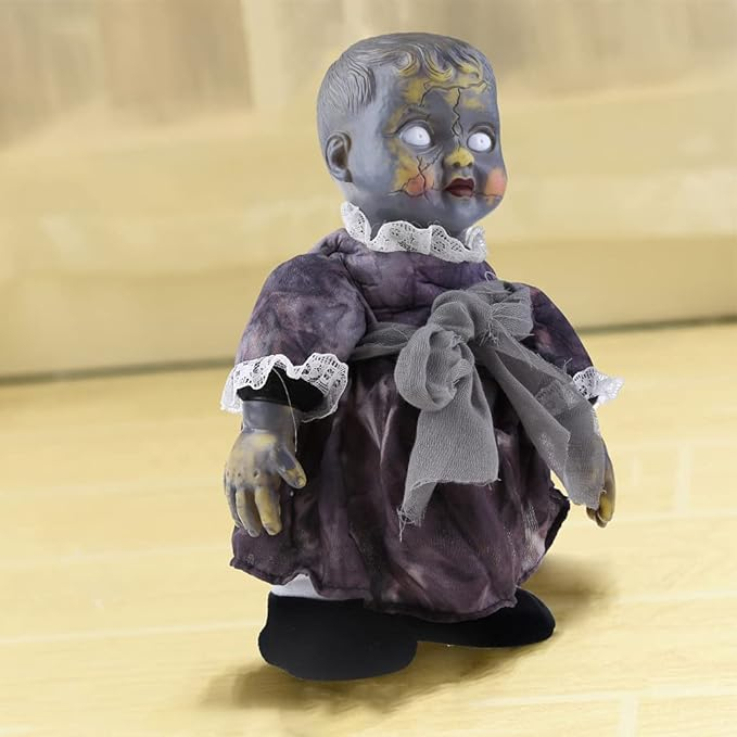 (28cm) Halloween Horror Puppe Party Deko Laufende Babypuppe mit Grusel Musik / Licht (Batteriebetrieben) - Grau / Violett