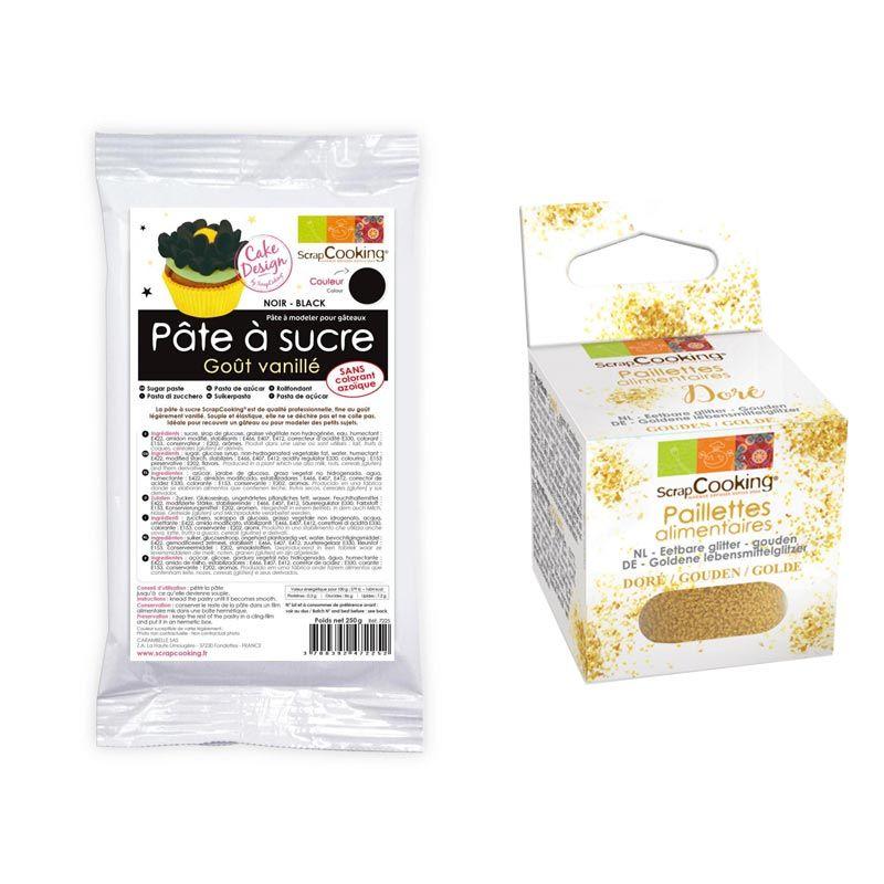 Pâte à sucre noire 250 g + paillettes dorées Scrapcooking
