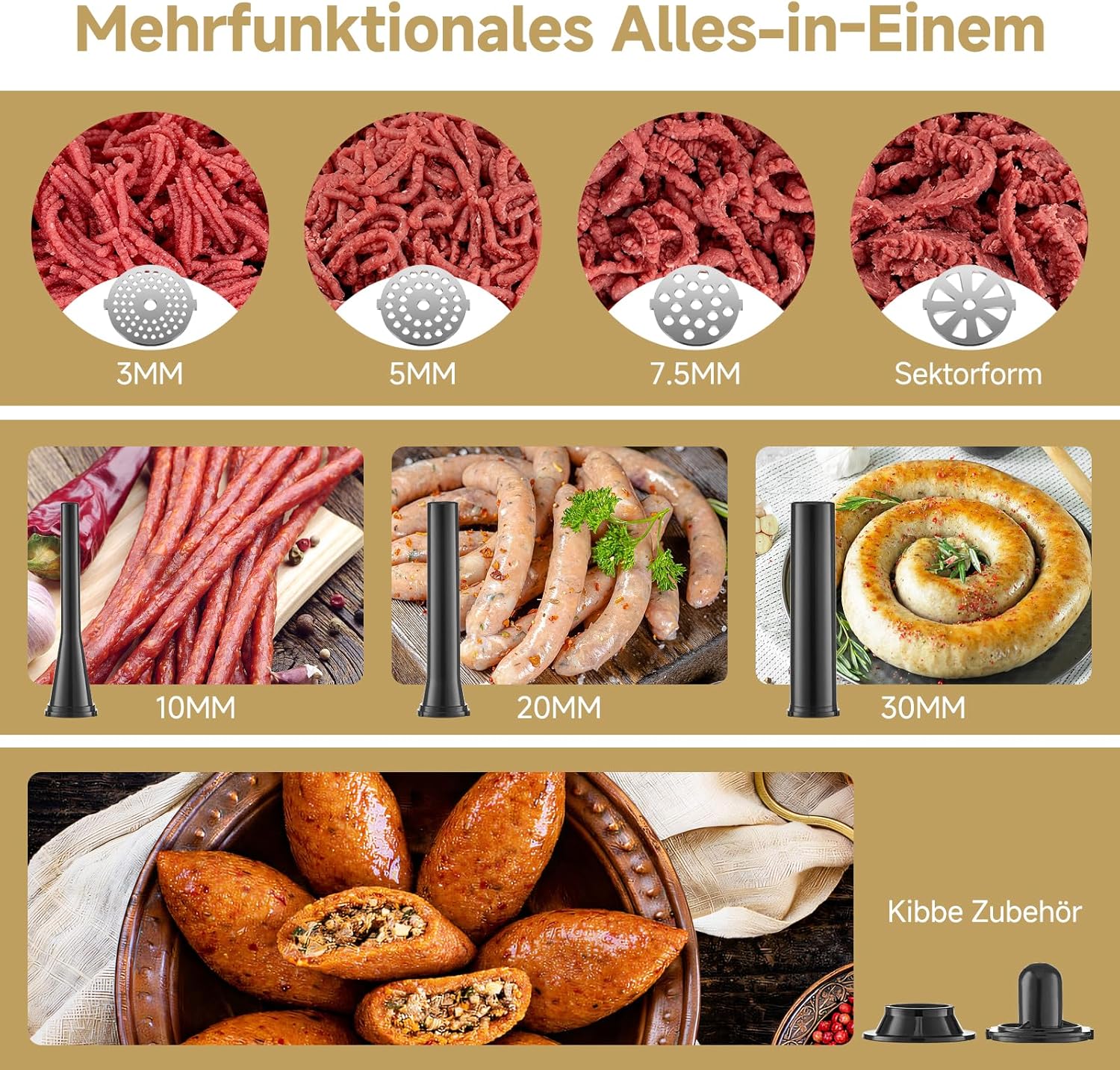 AAOBOSI Fleischwolf Elektrisch, 3-IN-1 [3000W Max] Multi Fleischwolf mit 3 Edelstahl-Schleifplatten, Kubbe & Wurstfüllrohren,Upgrade der Auto Rücklauffunktion - Edelstahl