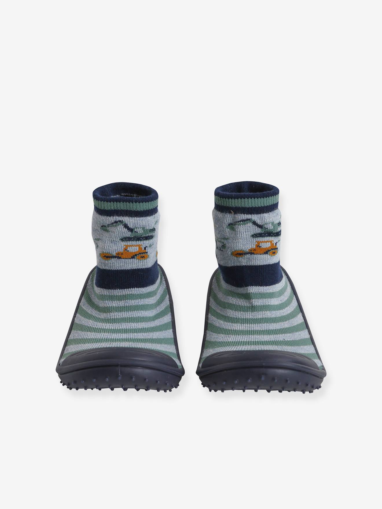 Pantufas infantis tipo meia, antiderrapantes, na cor cinza mesclado.