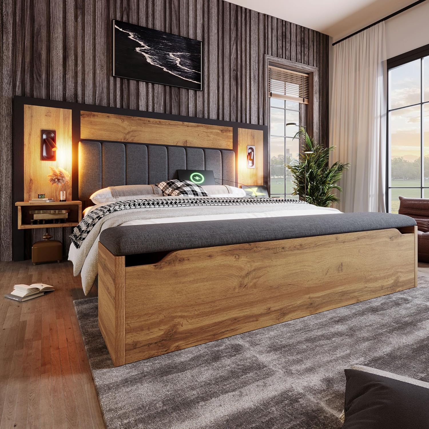 Doppelbett Polsterbett, Bettanlage mit Leselampe und USB C Nachttisch und Sitzbank mit Stauraum, Bettgestell mit Lattenrost aus Metall, Holz und Leinen, Eiche(Ohne Matratze) (180×200cm) KN4029875