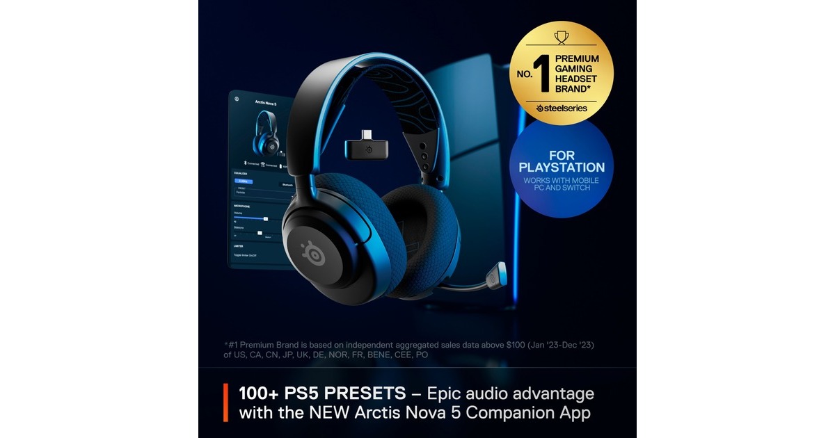 SteelSeriesArctis Nova 5P Wireless over-ear gaming headset  (Zwart, Bluetooth 5.3 / 2.4 GHz, PlayStation 4, PlayStation 5, PC)