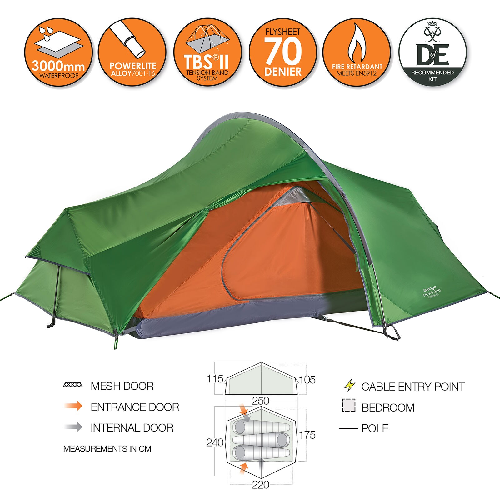 VANGO Einbogenzelt Nevis 1/2/3 Personen Fahrrad Zelt Motorrad Trekking Camping Größe: Nevis 300