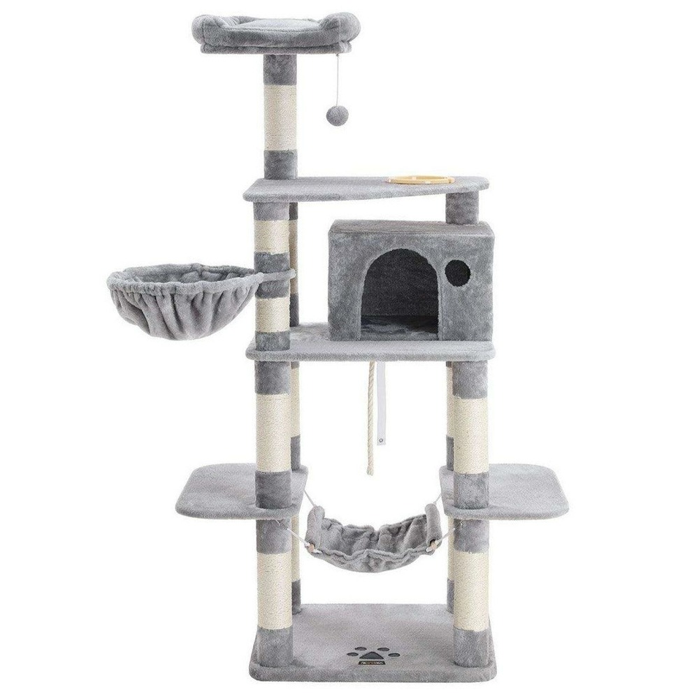 Arbre à chat hauteur de 174 cm multi-niveaux avec bol panier niche maison de jeu meubles pour chatons chats et félins couleur