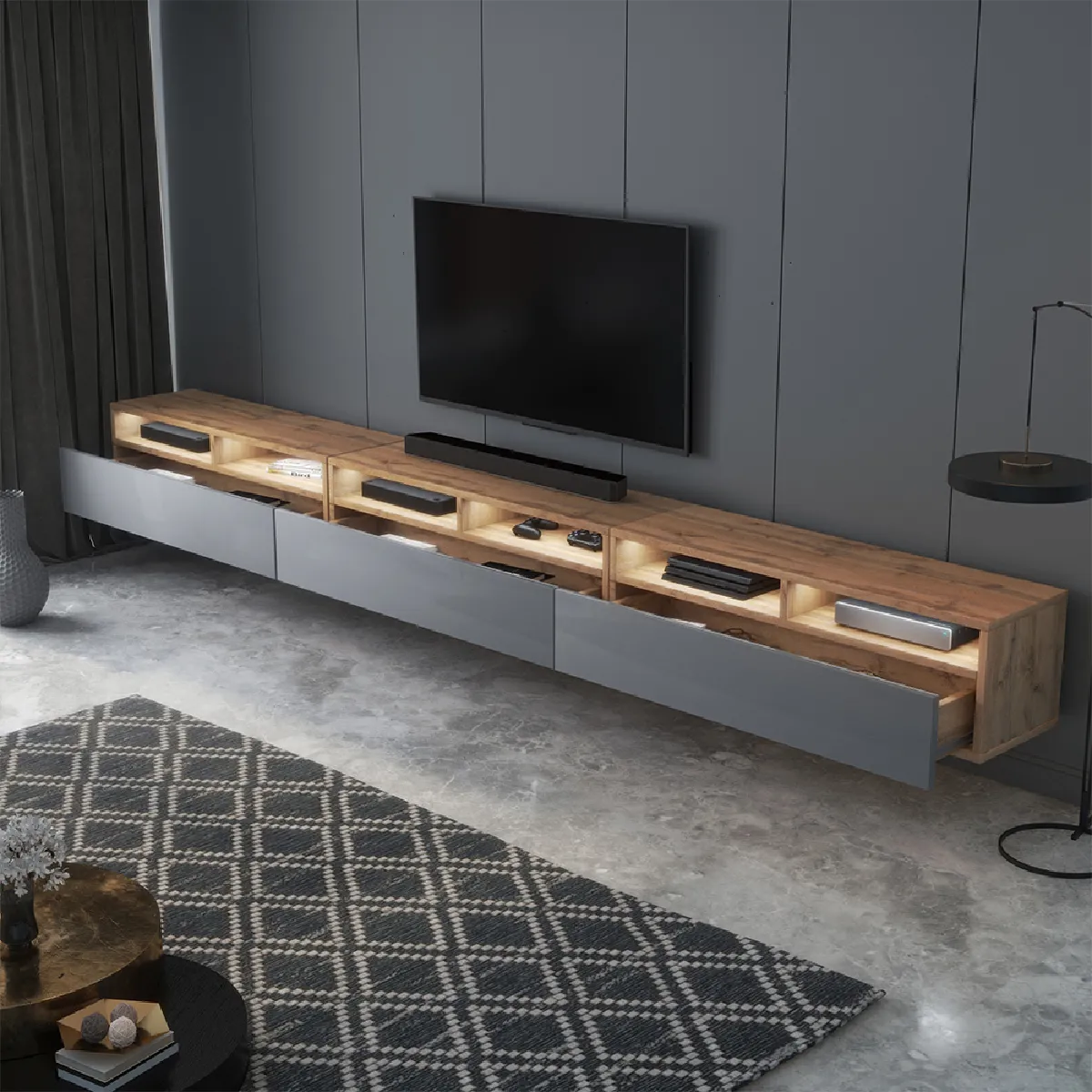 Selsey Meuble TV REDNAW 300 cm Chêne Wotan