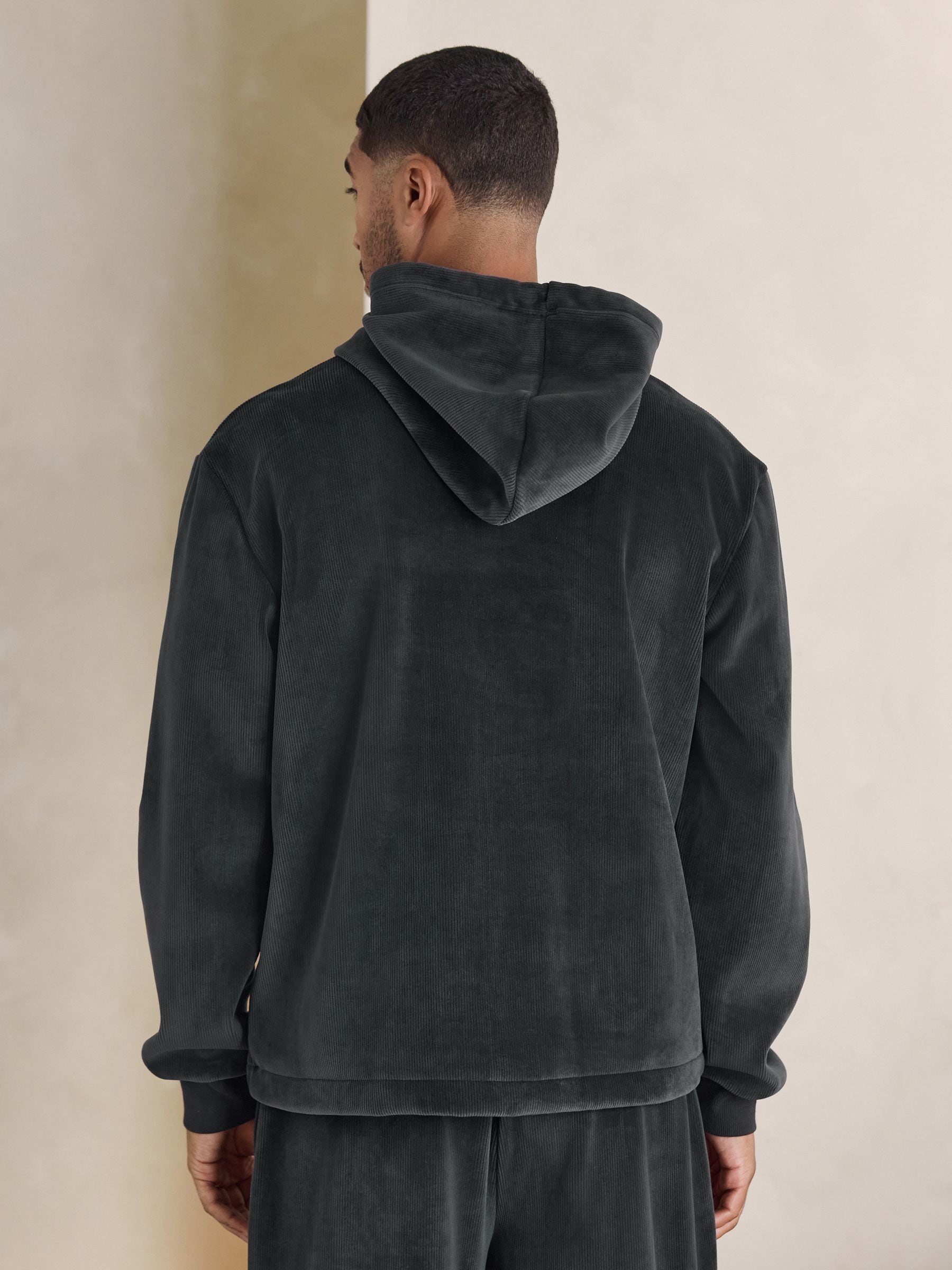 Antraciet - Jersey Textured Ribbed Hoodie