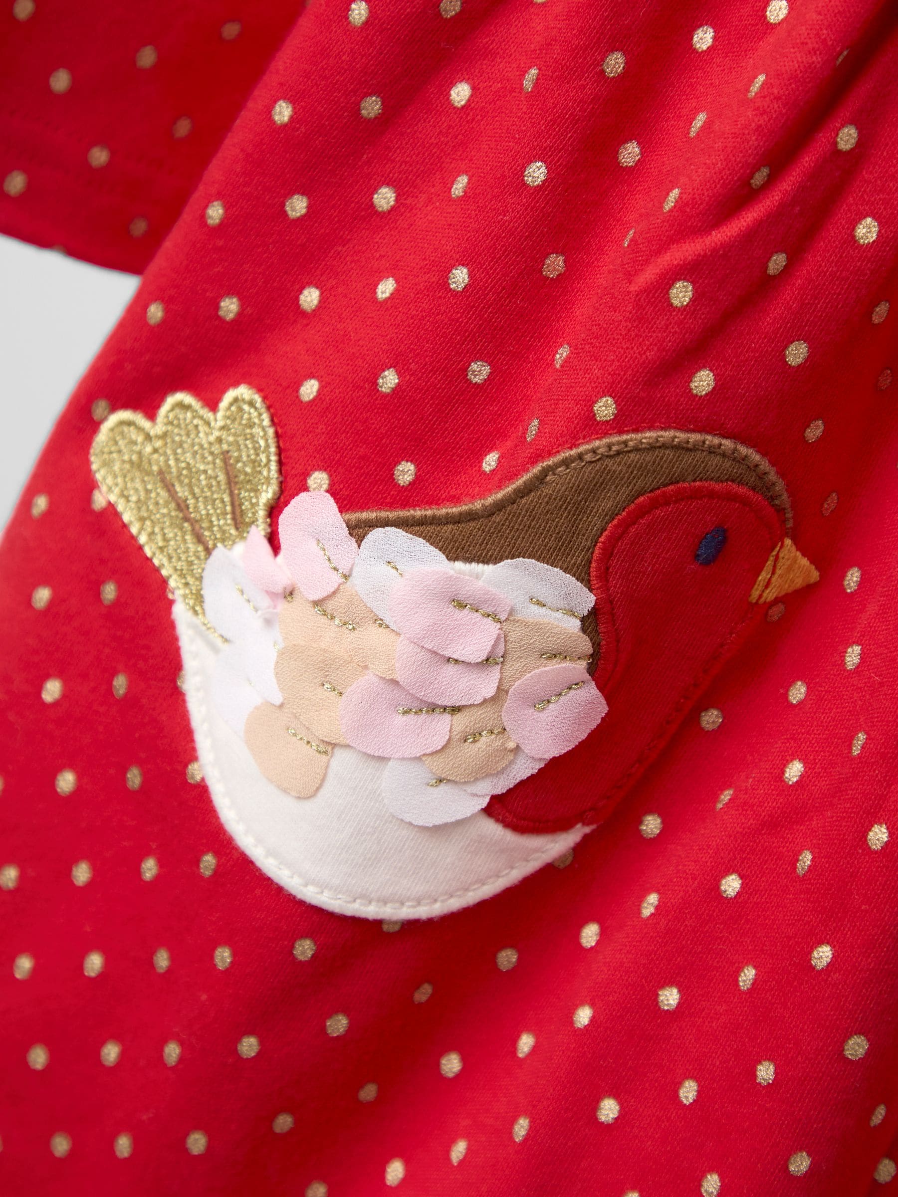 Rood met roodborstje - JoJo Maman Bébé Kerstmis jurk met schouderruches en appliqué