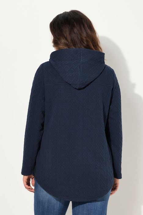 Hoodie-Jacke, Zopfmuster, Druckknöpfe, hinten länger