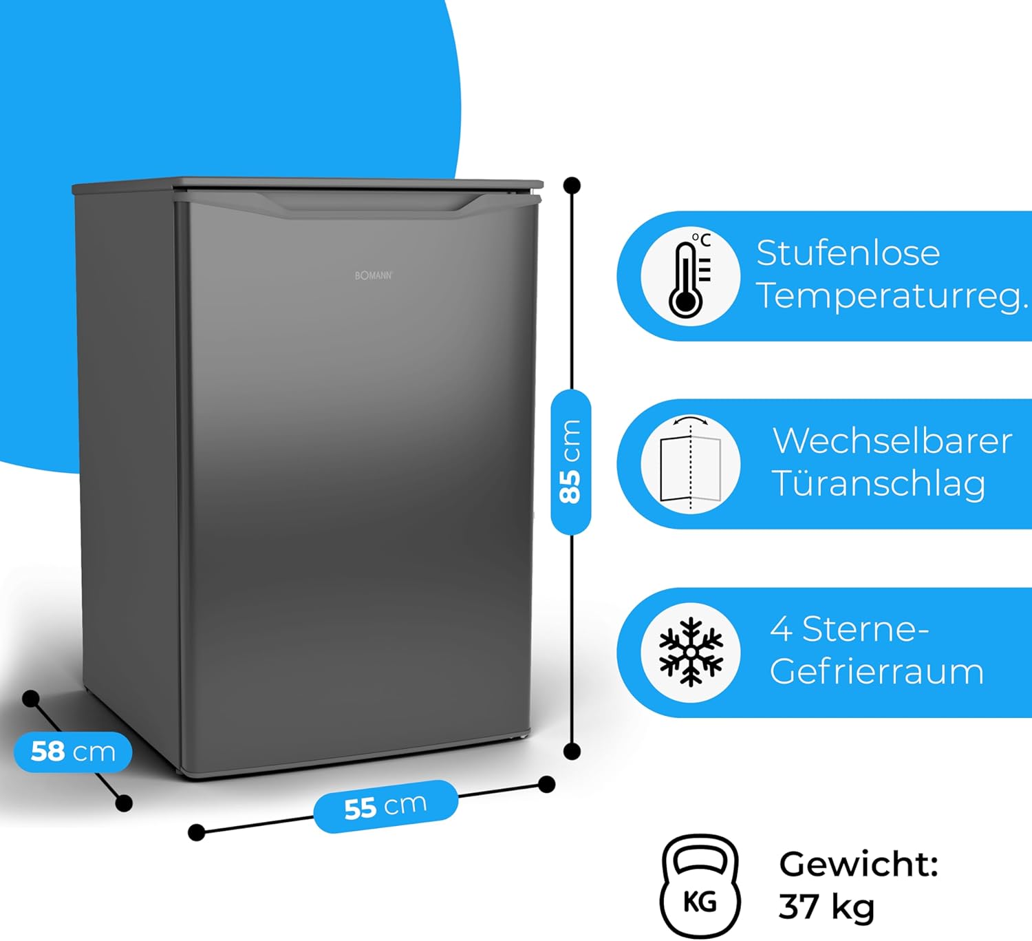 Bomann® Gefrierschrank | 87 L | energieeffizient, leise & klein | ≤ -18 °C, stufenlos regelbar | 3 Schubladen & Eiswürfelschale | 4-Sterne-Gefrierfach, Türanschlag wechselbar | GS 7253 inox