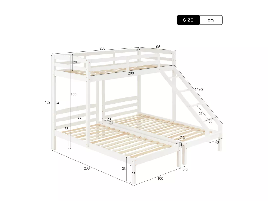 Lit superposé 90 x 200cm Lit triple - avec échelle latérale, sommier à lattes en pin, pour 3 personnes - Blanc