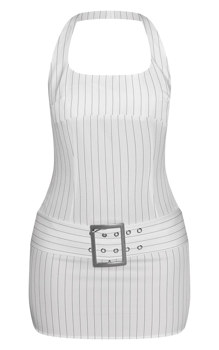Ecru Robe Mini Col Halter Avec Détail Ceinture À Fines Rayures Petite