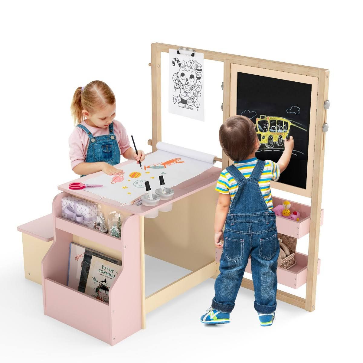 Costway 6 in 1 Kinder Staffelei Set mit Doppelseitiger Kreidetafel & Whiteboard & Papierrolle
