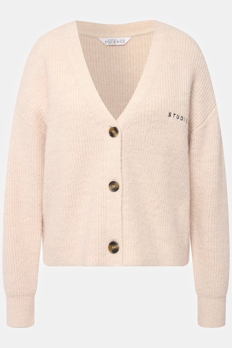 Strickjacke, oversized, Rippstrick, V-Ausschnitt, Langarm, Stickerei