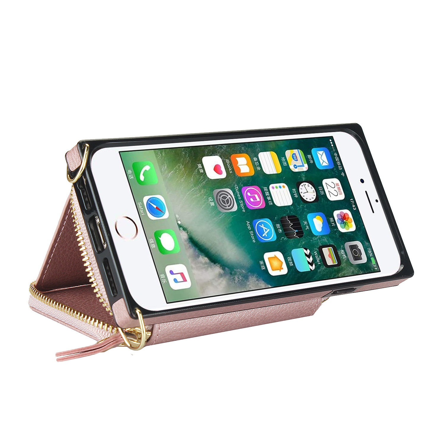 iPhone SE (2022/2020) / 8 / 7 / 6S Necklace Leder Schutz Hülle mit Kartenfächer   Handykette (140cm) - Roségold