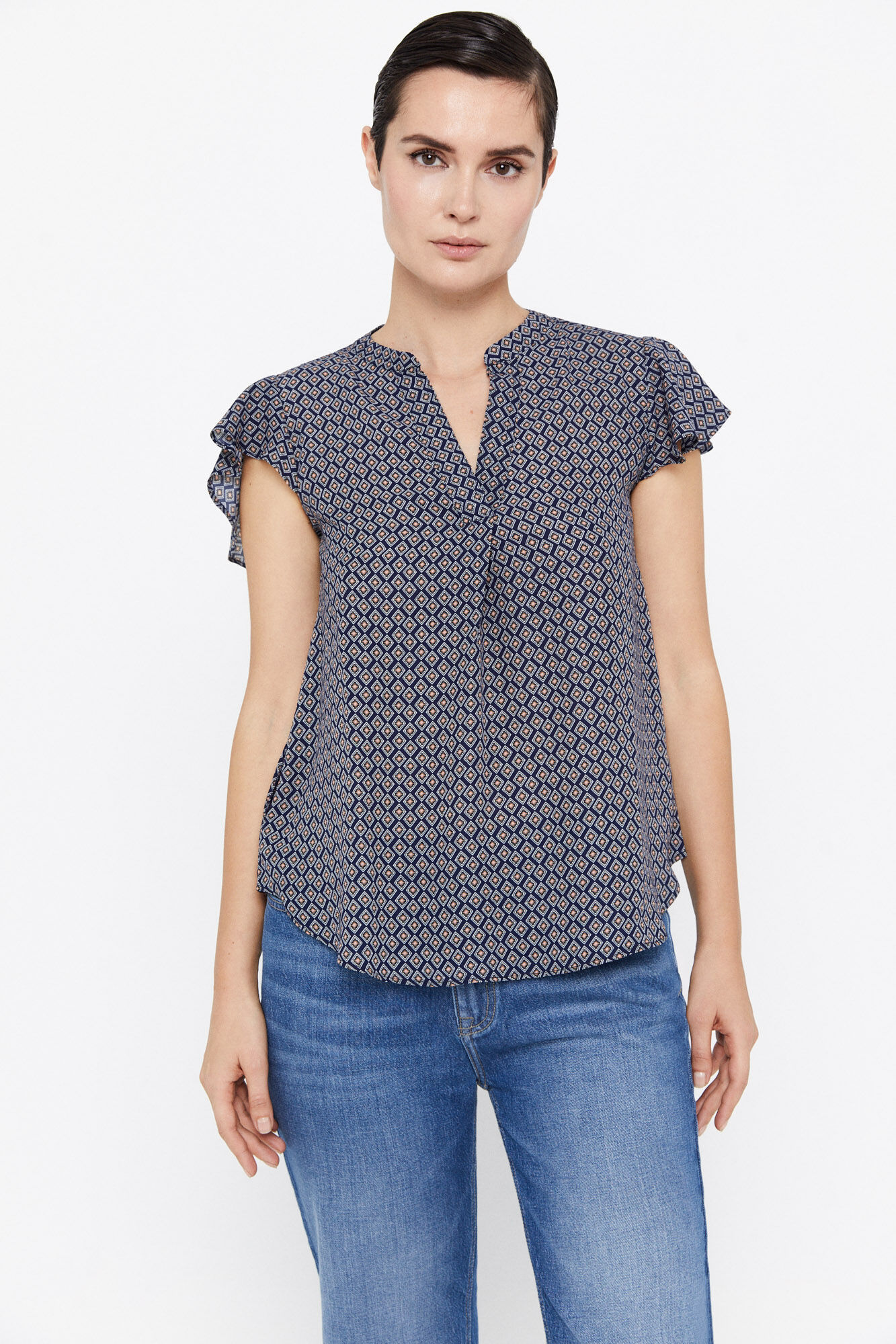 Blusa com mangas franzidas - Estampa azul