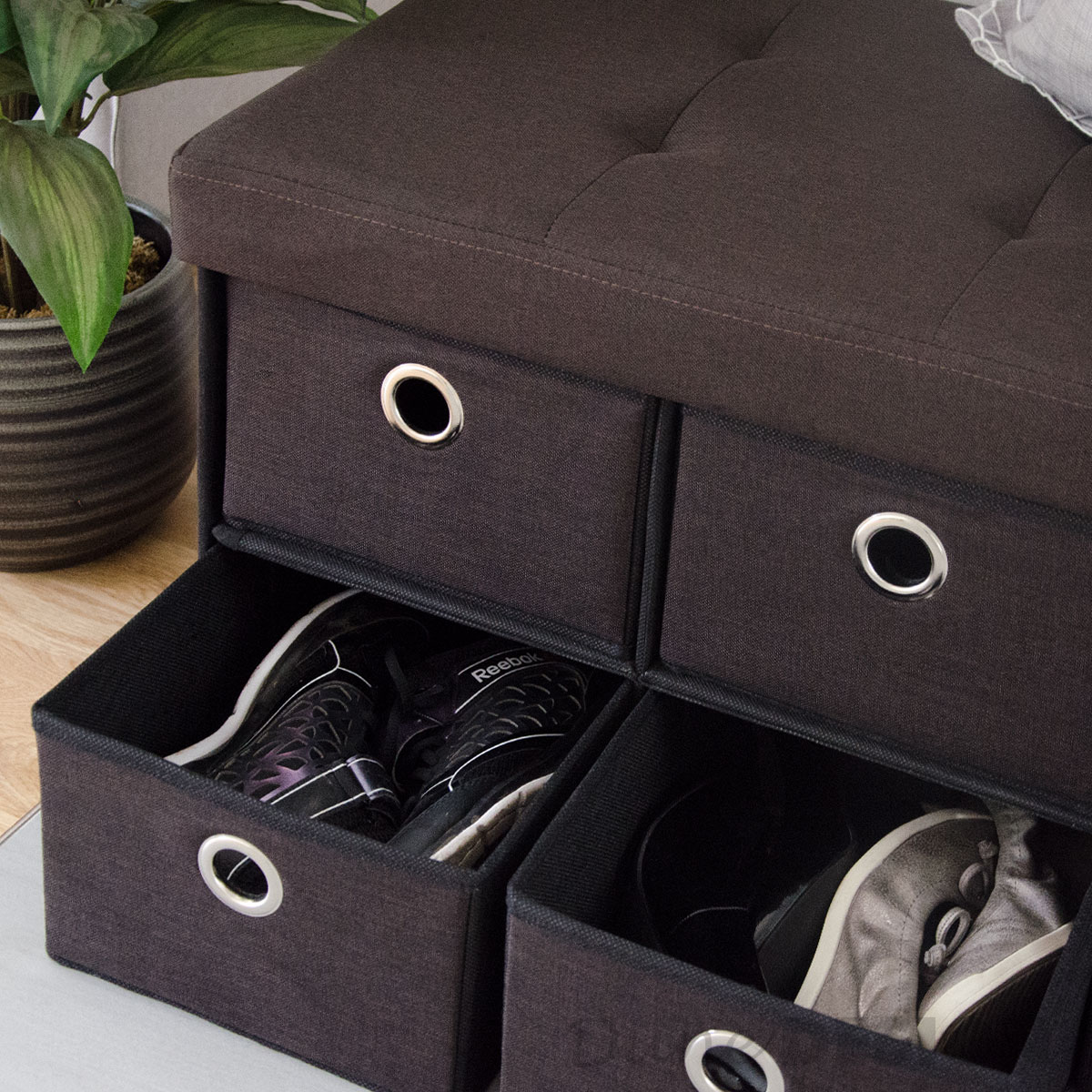 Faltbare Sitzbank 76x38x38cm mit 6 Schubladen Sitztruhe 80L Polsterbank Ottomane Leinen Dunkelbraun