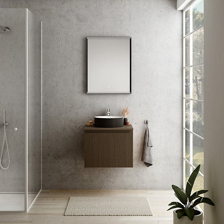 Ensemble l.60 cm Pura meuble sous vasque noyer à suspendre + Plan de toilette multiplis