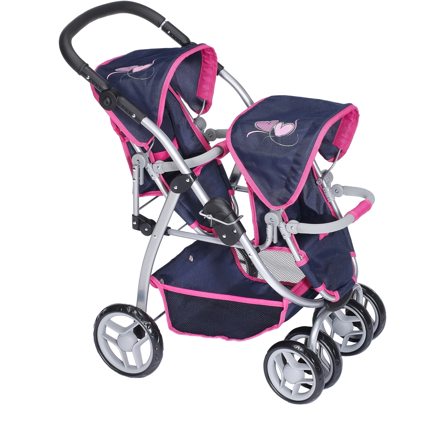 knorr toys® Zwillingspuppenwagen Milo - flying hearts blue pink blau
