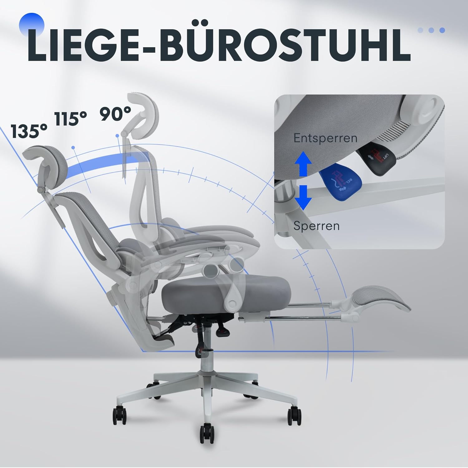 FLEXISPOT Ergonomischer Bürostuhl, X-förmiger Schreibtischstuhl mit 135°-Neigung, Gekoppelte Armlehnen mit zonenweise Einstellbarer Lendenstütze, Drehstuhl mit Fußstütze, 3D-Kopfstütze, Weiß-Grau MB8503814