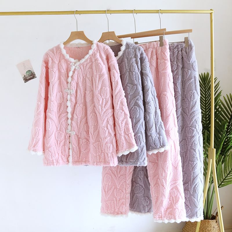 Somnus - Pyjamaset: Lange mouwen, ronde hals, bloemenjacquard, contrasterende rand, kikkertop met knopen + broek