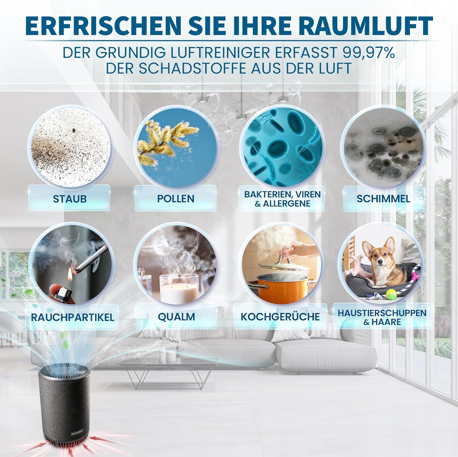 Grundig Luftreiniger Allergiker Air Purifier - Extra leise Hepa Filter + AKTIVKOHLEFILTER filtert 99,9% Schimmel Staub Pollen Viren Raucherzimmer, Luftqualitätsanzeige - 49m2 (Luftreiniger)