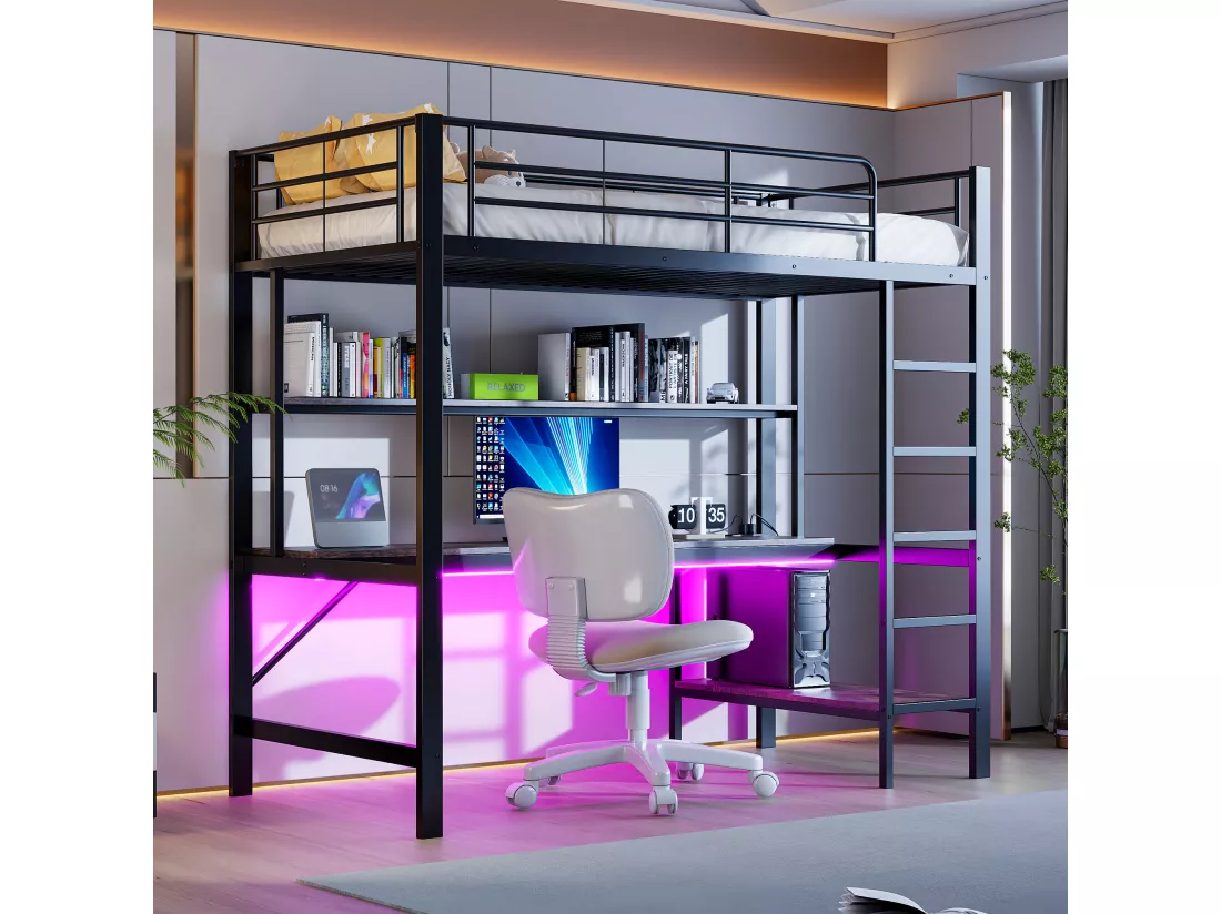 Lit mezzanine garde-corps et escabeau - 90 x 200 cm - avec USB et secteur - LED et bureau - sans matelas - métal - noir