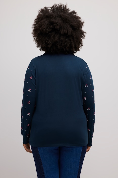 Jersey-Bluse, Stickerei, Gummisaum, Hemdkragen, Langarm