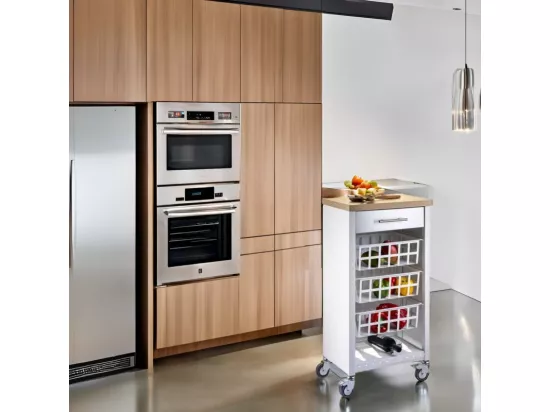 Desserte de cuisine, Chariot de rangement - couleur Blanc, Inox, Orme - 93*48*34 cm - KARA]